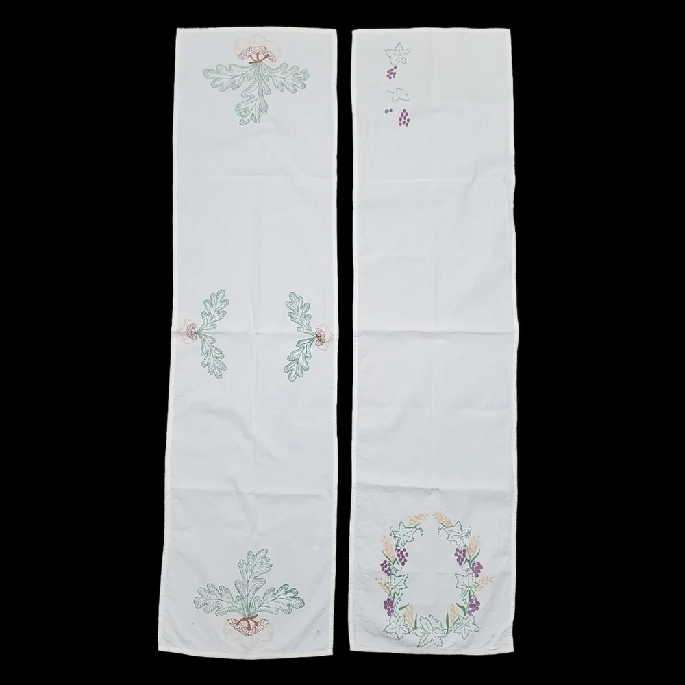 Vintage Autumn Table Runner Set Of 2 Grape Acorn Foliage Screenprint Fall 44